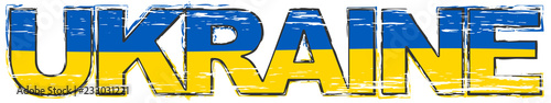 Word UKRAINE with Ukrainian national flag under it, distressed grunge look.