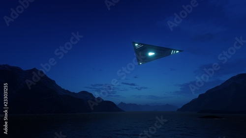 Fototapeta Naklejka Na Ścianę i Meble -  3D triangular ufo hung in the sky in the evening