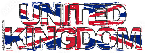 Text UNITED KINGDOM with British Union Jack flag under it, distressed grunge look.
