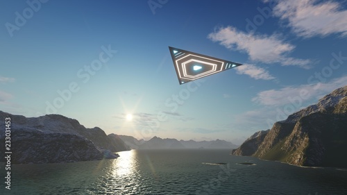 Fotografie, Obraz 3D triangular ufo hung in the sky in the evening