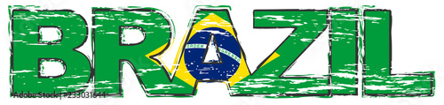 Word BRAZIL with Brazilian flag under it, distressed grunge look.