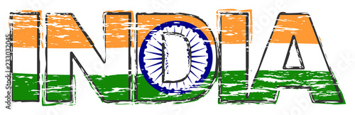Word INDIA with Indian flag under it, distressed grunge look.