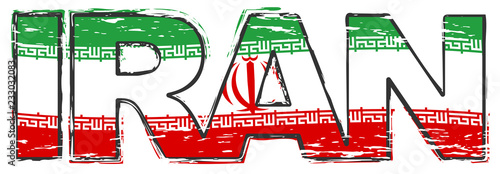 Word IRAN with Iranian flag under it, distressed grunge look.
