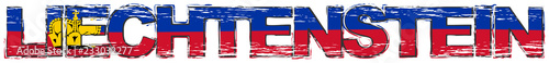 Word LIECHTENSTEIN with national flag under it, distressed grunge look.