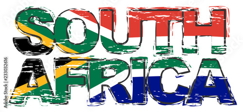 Text SOUTH AFRICA with national flag under it, distressed grunge look.