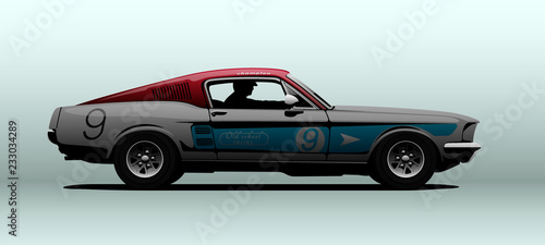 Classic muscle car in racing colors. Vector illustration. Side view with perspective.