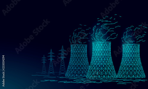 Nuclear power station cooling tower low poly. 3d render ecology pollution save planet environment concept triangle polygonal. Radioactive nuclear reactor electricity vector illustration photo