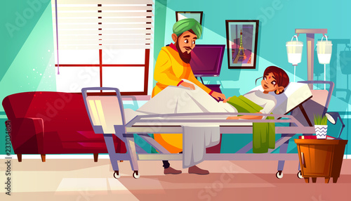 Hospital ward vector illustration of Indian woman patient lying on medical couch and visitor man. Cartoon interior background with intensive care unit and furniture