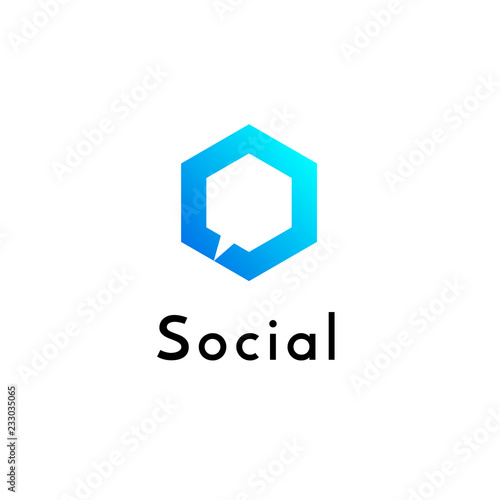 Hexagonal geometrical social network logo icon with speech bubble, simple lines.Honeycomb blue logotype, label, emblem, element for net web design