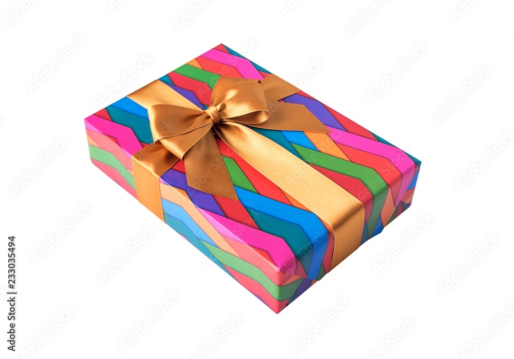 Gift box in bright wrapping paper. Close-up.
