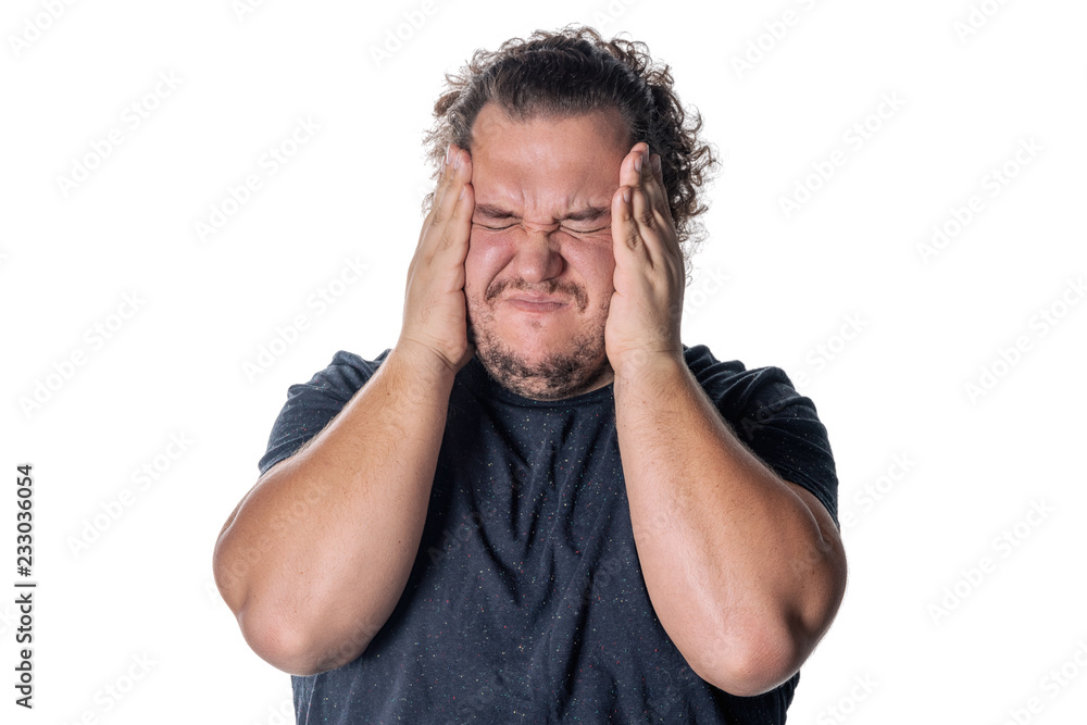 A fat man has high blood pressure and headache. Overweight and health problems A fat man has high blood pressure and headache. Overweight and health problems