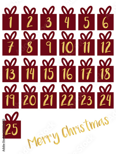 Gift box set with gold foil numbers vector illustration. Advent calendar. Waiting for Christmas countdown. Days till until Christmas Eve. December 1st to 25th presents. Silhouettes of red gift box
