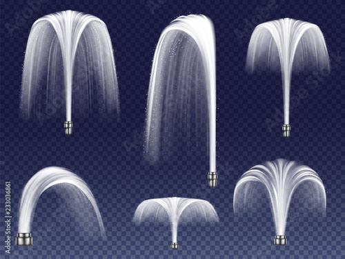 Set vector realistic fountains of various shapes. Large and small geysers, jets of falling water isolated on blue transparent background. Elements of design.