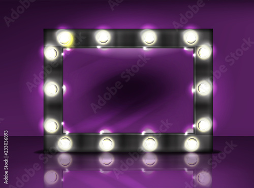 Makeup mirror with lamps bulb vector illustration of retro black frame with realistic light illumination for actor or singer and beauty fashion studio on purple background.