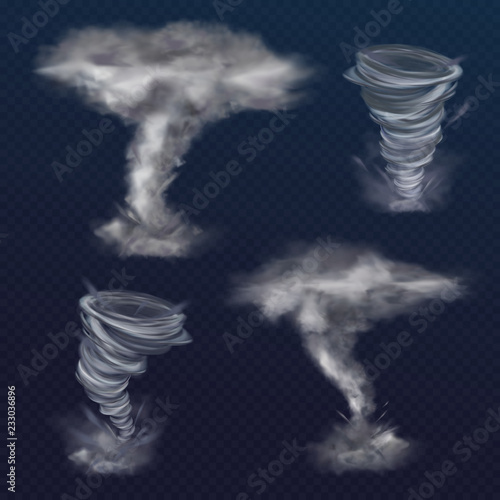 Tornado twister vector illustration of realistic hurricane wind or cyclone vortex. Dangerous natural disaster whirlwind with dust texture funnel isolated on transparent background