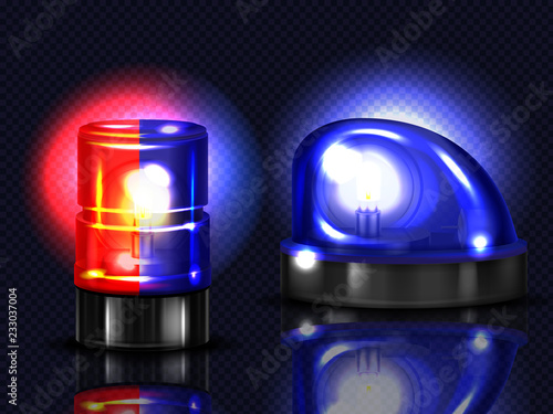 Vector 3d realistic red and blue flashers. Police, ambulance or other municipal service siren with light, rotating alert lamp. Transparent beacon for emergency isolated on dark background.