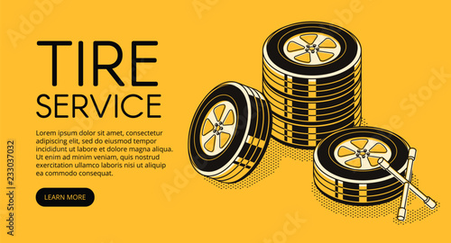 Car tire service vector illustration for automotive repair station advertisement for pumping and replacement. Mechanic garage auto store isometric black thin line design on yellow halftone background