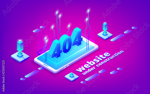 404 error web page vector illustration for site under construction template. Internet technology design with smartphone connection on purple ultraviolet background