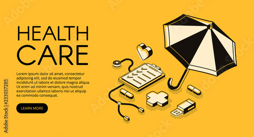 Healthcare medical vector illustration for clinic or hospital service. Doctor stethoscope, medicine pills and pharmacy cross in isometric black thin line design on yellow halftone background
