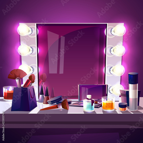 Makeup square mirror with lamps bulb, cartoon vector illustration modern silver frame with realistic light illumination for actor and beauty fashion studio. Dressing table with accessories for make-up