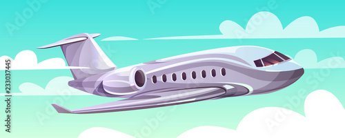 Airplane flying in sky vector illustration of cartoon modern plane in clouds for travel agency or aviation poster design template