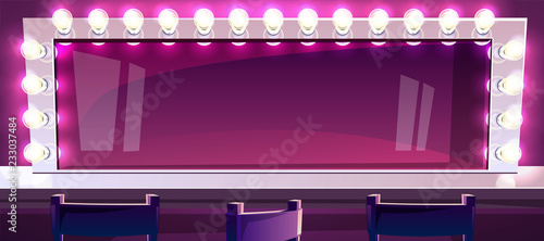 Makeup mirror with lamps vector illustration of actor or singer beauty fashion studio room with chairs. Horizontal retro white frame with light bulbs illumination and reflection on purple background