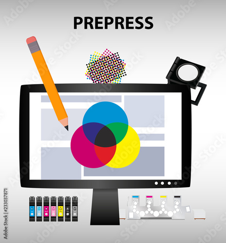 Vector illustration of prepress or graphic design concept. Computer lcd monitor with elements of graphic arts, printing and design. Illustration is suitable for an article about printing or graphic.