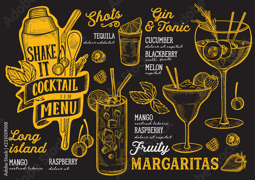 Cocktail drink menu template for restaurant with doodle hand-drawn graphic.