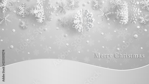 Christmas illustration with white three-dimensional paper snowflakes on light gray background with snowdrifts