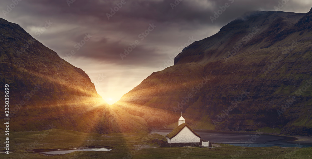 Lutheran Church At Sunrise in Saksun village, Located On The Faroe Islands, Denmark