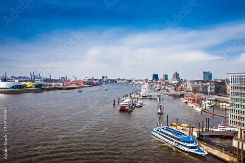 View of a Hamburg harbour on a beautiful early spring day
