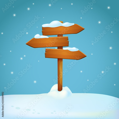 Rickety old wooden signpost with three arrow planks pointing in different directions on the snowy ground with falling snowflakes.