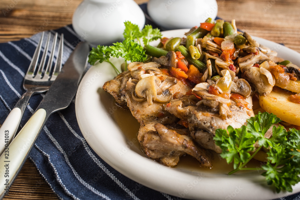 Fillet of chicken legs with stewed vegetables. Fillet of chicken legs with stewed vegetables.