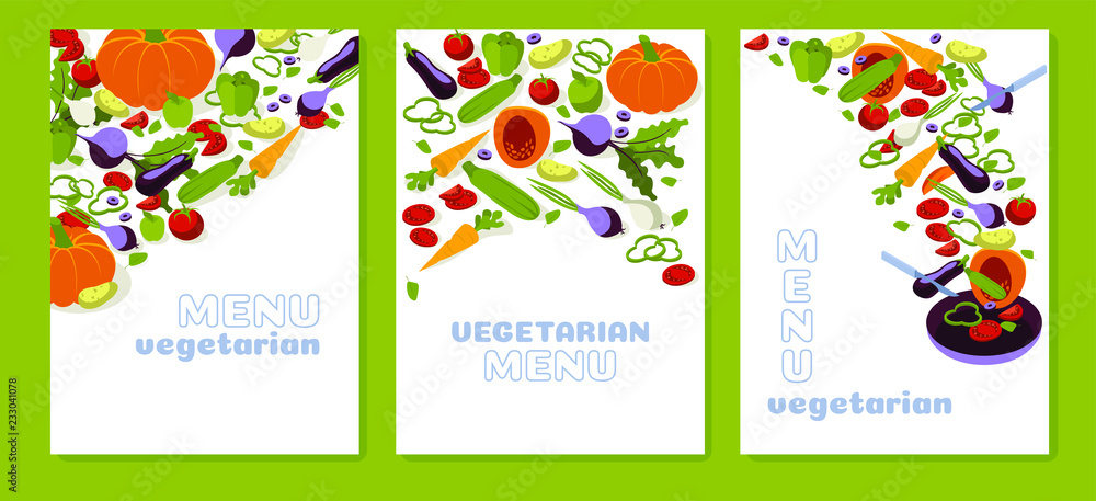 Set of restaurant vegetarian menu. Vector isometric illustrations for farm-fresh food and natural products 
