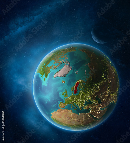 Planet Earth with highlighted Sweden in space with Moon and Milky Way. Visible city lights and country borders.