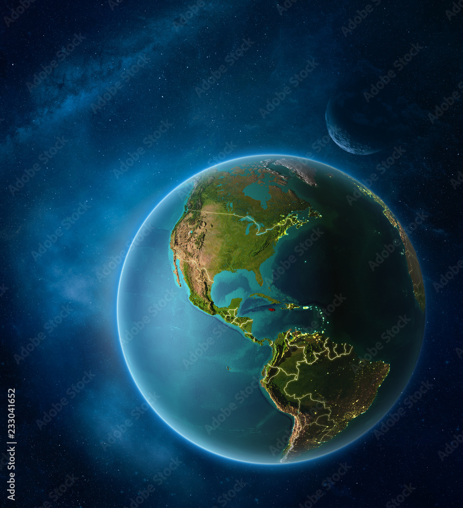 Planet Earth with highlighted Jamaica in space with Moon and Milky Way. Visible city lights and country borders.