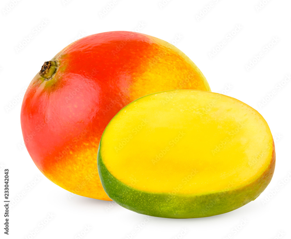 Mango and half mango close up on white background. Mango and half mango close up on white background.