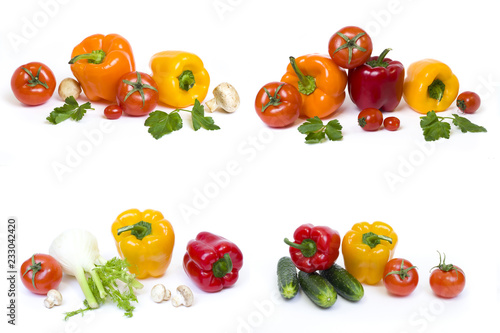 Peppers with cucumbers and tomatoes on a white background. Cabbage with cucumbers and mushrooms on a white background. Fresh vegetables in a group on an isolated background.