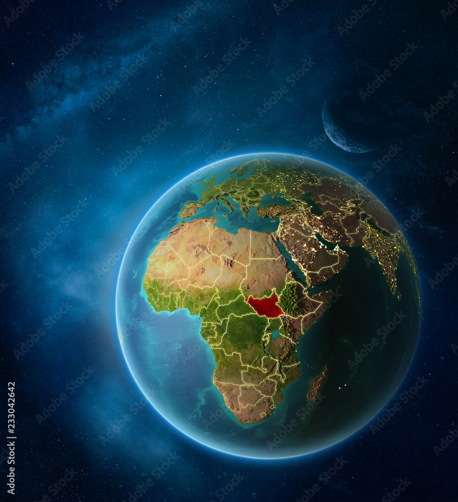 Planet Earth with highlighted South Sudan in space with Moon and Milky Way. Visible city lights and country borders.