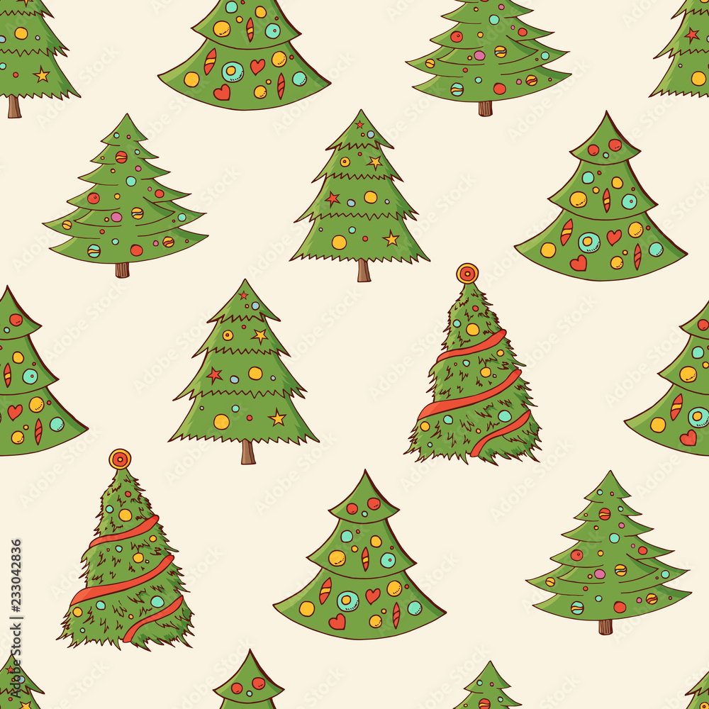 Seamless festive pattern with hand-drawn Christmas trees. Seamless festive pattern with hand-drawn Christmas trees.