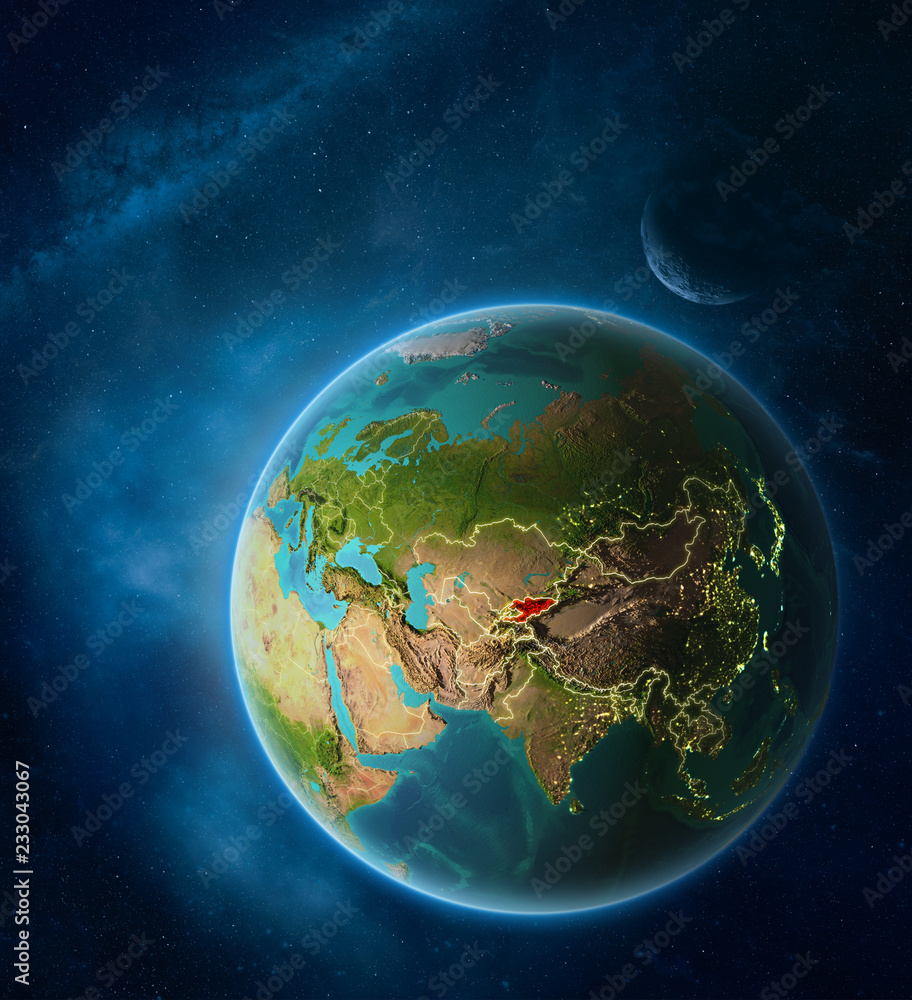 Planet Earth with highlighted Kyrgyzstan in space with Moon and Milky Way. Visible city lights and country borders.