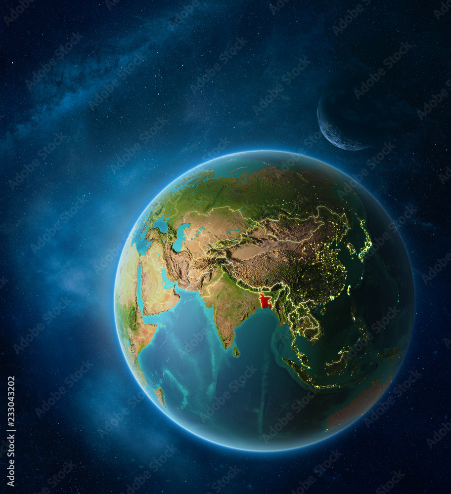 Planet Earth with highlighted Bangladesh in space with Moon and Milky Way. Visible city lights and country borders.