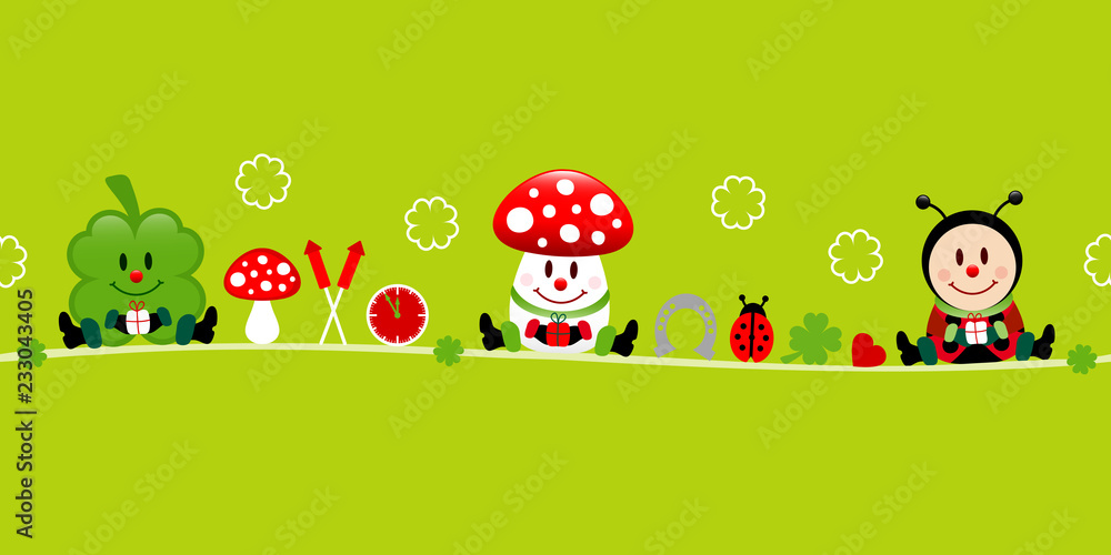 Fototapeta premium Sitting Cloverleaf, Fly Agaric & Ladybug Symbols Green