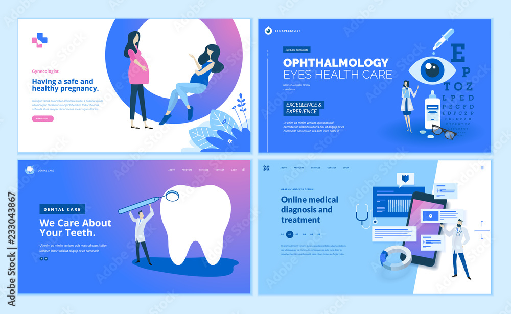 Web page design templates collection of gynecology , ophthalmology, dental care, online medical diagnosis and treatment. Modern vector illustration concepts for website and mobile website development. - obrazy, fototapety, plakaty 