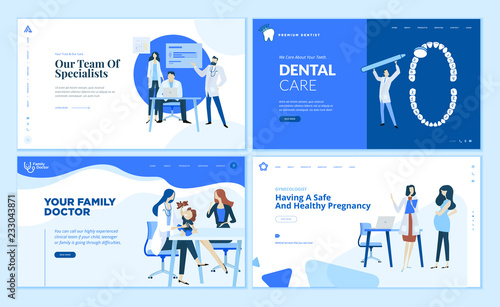 Web page design templates collection of family doctor, dentist, gynecologist, team specialist. Modern vector illustration concepts for website and mobile website development. 