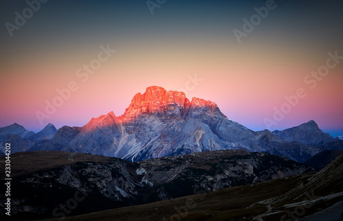 famous Italian National Park Tre Cime di Lavaredo at sunrise, Dolomites, South Tyrol, Auronzo