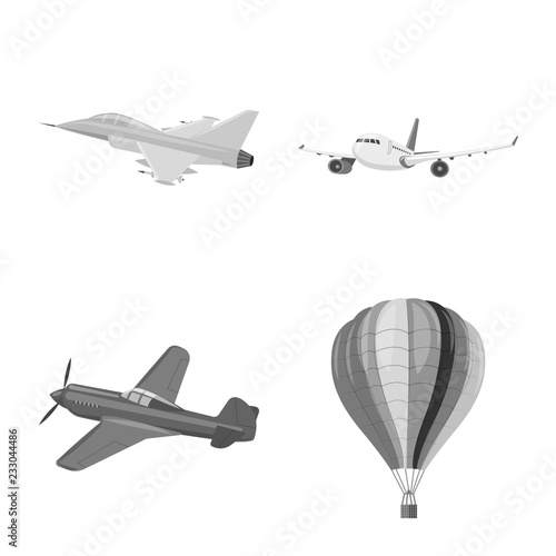Vector design of plane and transport sign. Set of plane and sky vector icon for stock.
