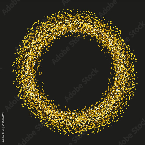 Gold sparkles and glitter powder spray frame. Sparkling glitter particles explosion on vector black transparent background. Golden round frame or luxury fireworks and confetti outburst