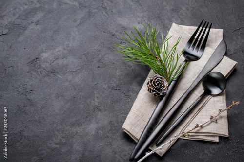 Christmas menu concept . Flat lay with Xmas decorations and pine cones, dark fork and knife set with napkin. Copy space