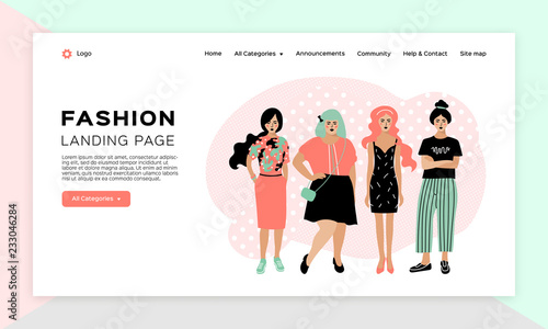 Online shopping girl, Fashion landing page, Clothing store web template. Four young stylish women. Vector flat illustration